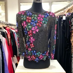 Vintage 100% silk sequined top Sz M 70s 80s 90s Black Floral